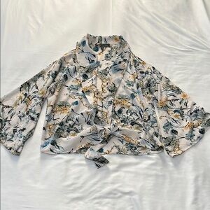 Loramendi Floral Print Tie Front Blouse with Bell Sleeves